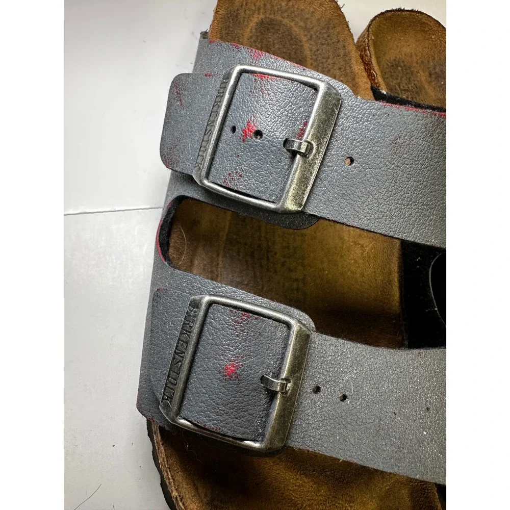 Birkenstock Arizona Sandals Distressed Blue Red Two Strap Slides approx 39